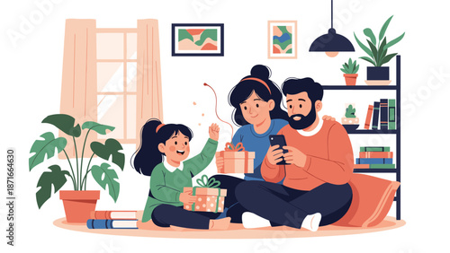 A happy family of a mother, father, and daughter sitting on the floor at home, joyfully opening presents together and creating warm memories.