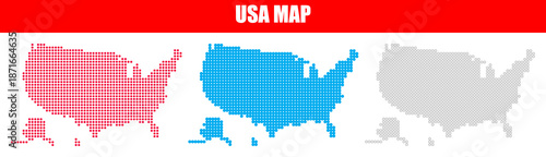 Usa map in red blue and gray colors made of tiny dots on white background