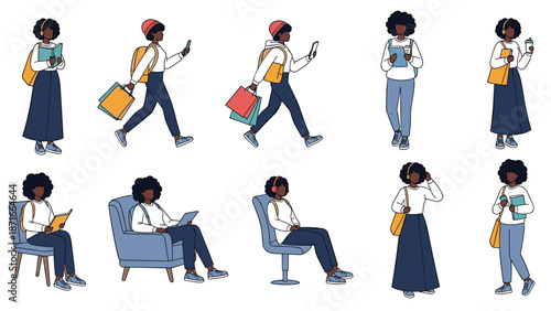 A collection of a young black female student character in various poses, such as walking, reading, using a laptop, and listening to music.