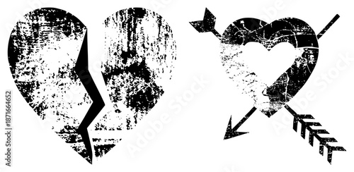 Broken Heart and Arrow Piercing Heart Symbols in Grunge Style