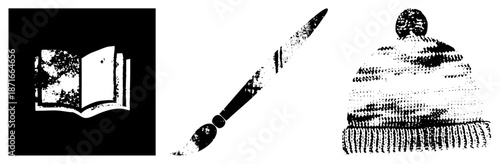 Open Book with Tree Illustration, Paintbrush, Knitted Beanie Hat