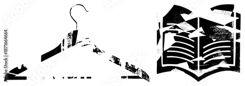 Abstract Black and White Hanger and Open Book Silhouettes with Textured Halftone Effect