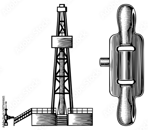 Oil Drilling Rig and Drill Pipe Components Vector Illustration