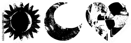 Grunge Textured Solar, Lunar, and Heart Symbols in Vector Art