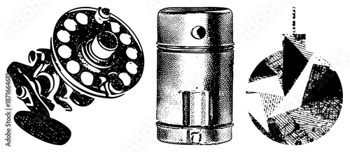 Vintage Fishing Reel, Fuel Canister, and Star Shaped Gear Mechanisms