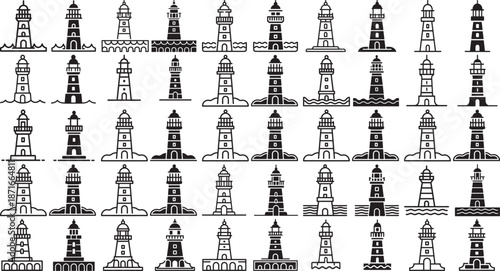 black and white illustration of multiple lighthouses on land and sea  various architectural styles