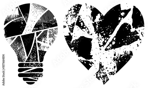 Broken Heart and Lightbulb Symbols in Grunge Halftone Vector Design