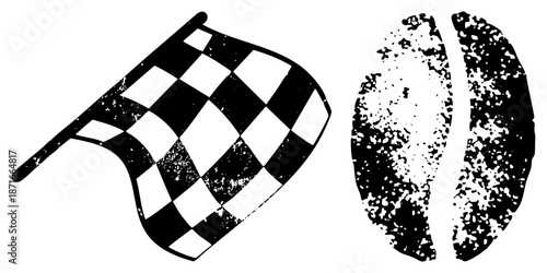 Racing Checkered Flag and Coffee Bean Silhouettes with Distressed Texture