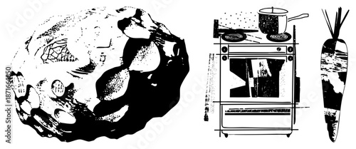 Vintage Kitchen Appliances and Produce in Halftone Vector Illustration