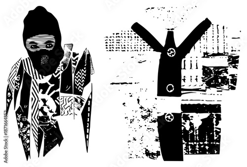 Stylized Masked Figure in Geometric Armor with Halftone Texture