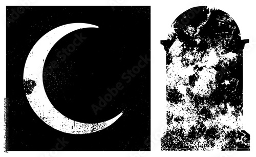 Vintage Grunge Moon and Weathered Tombstone Silhouettes