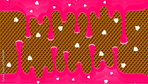 Abstract ice cream drip illustration. Dripping candy illustration background. Pink ice cream drip illustration. Fast food ice cream with love topping. Hand-drawn of strawberry milk drip on waffle back