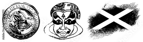 Vintage Seal, Theatrical Mask, and Scottish Saltire Flag in Halftone Vector Art