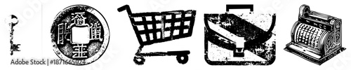Vintage Shopping Symbols Including Key, Coin, Cart, Briefcase, and Cash Register