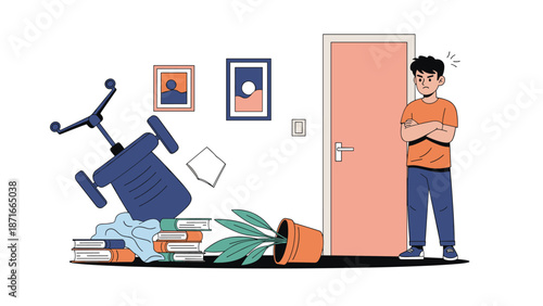 An angry young man looking at a messy, chaotic room with an overturned chair, scattered books, and a fallen plant, representing frustration and disorder.