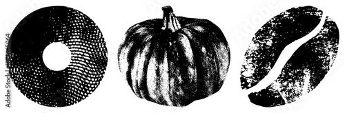 Halftone Pumpkin, Donut, and Coffee Bean Vector in Black and White