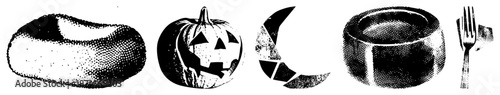 Halloween Pumpkin, Moon, Bean Bag, Bowl, Fork Halftone Vector Set