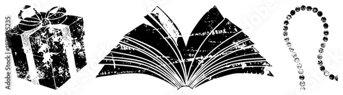 Vintage Style Gift Box, Open Book, and Beaded Necklace Vector