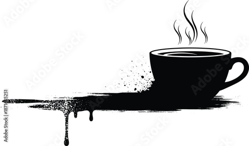 Steaming coffee cup with artistic splatter and drips, stylized black-and-white beverage illustration evoking warmth and creative energy