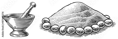 Traditional Mortar and Pestle with Coffee Beans and Ground Coffee