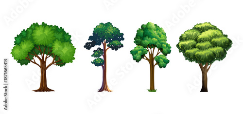 Tree Vector Illustration Collection Featuring Tropical and Orchard Trees with Mango, Apple, Banana, Orange, Coconut Palm and More Isolated on White Background, Colorful Tree Vector Illustration