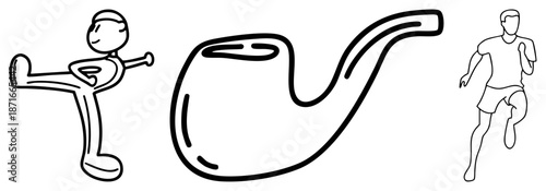 Three Stylized Human Figures in Dynamic Poses with Pipe Graphic