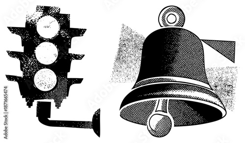 Vintage Halftone Traffic Light and Bell Symbols in Black and White