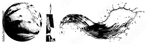 Dynamic Water Splash and Geometric Planet with Abstract Tower