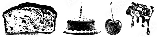 Black and White Halftone Illustration of Bread, Cake, Cherry, and Chocolate Bar