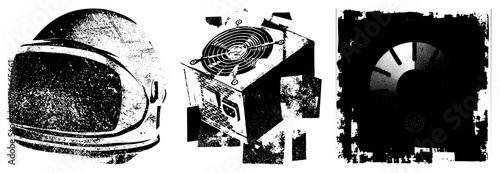 Vintage Astronaut Helmet, Computer Fan, and Analog Dial Gauge in Halftone Vector Style