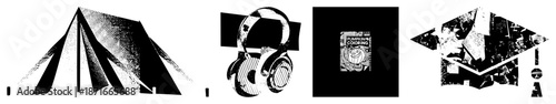 Geometric Tent, Headphones, Cookbook, and Graduation Cap in Halftone Vector Style