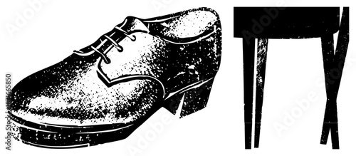 Vintage Leather Shoe with Distressed Texture and Wooden Table Cutout