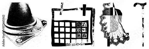 Vintage Bell, Calendar, Lace Dress, and Walking Cane Vector