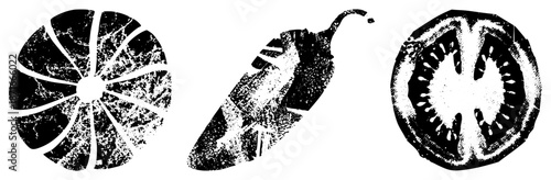 Grunge Styled Citrus, Chili, and Tomato Slices in High Contrast Vector Art