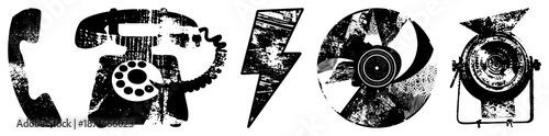 Vintage Telephone, Lightning Bolt, Fan, and Spotlight in Grunge Style