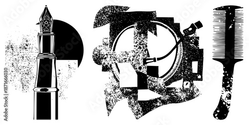 Vintage Fountain Pen, Vintage Record Player, and Hair Comb in Grunge Halftone Vector Set