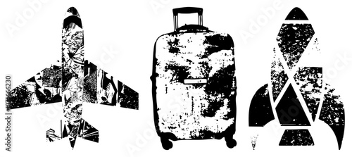 Travel Airplane, Suitcase, in Grunge Vector Silhouettes