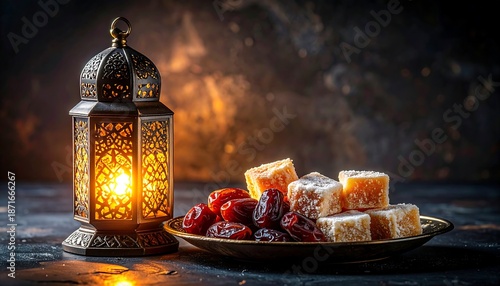 Ramadan lantern with dates and Turkish delight for Iftar.