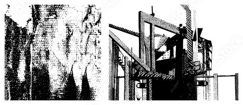 Abstract Industrial Scaffold Structure with Halftone Texture Overlay