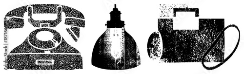 Vintage Telephone, Industrial Lamp, and Camera with Distressed Texture