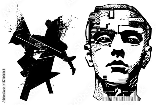 Stylized Black and White Portrait with Abstract Fighter Silhouette