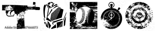 Grunge Styled Set Featuring Gun, Backpack, Baseball, Stopwatch, and Target