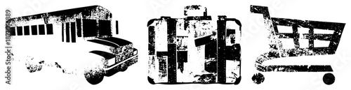 Grunge Styled School Bus, Suitcase, and Shopping Cart