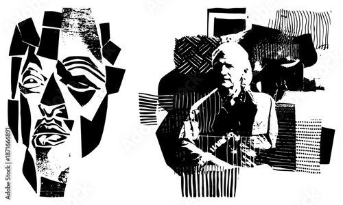 Abstract Black and White Collage of Two Stylized Human Faces in Graphic Art