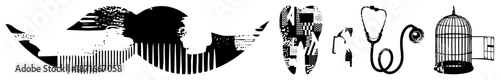Abstract Black and White Graphic Featuring Mustache, Tooth, Stethoscope, and Birdcage