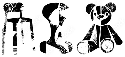 Stylized Black and White Silhouettes of Chair, Human Profile, and Teddy Bear with Grunge Texture