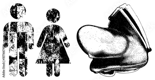 Vintage Toilet and Gender Symbols with Cracked Texture Overlay