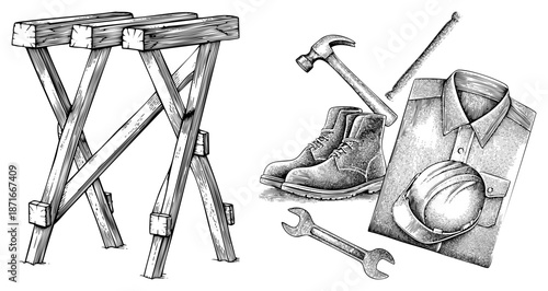 Construction Worker Gear and Wooden Scaffold Stool Set