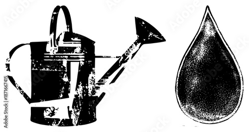 Vintage Watering Can and Droplet Illustration for Gardening Themes