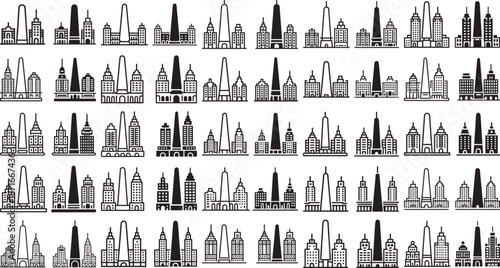 City skylines with various buildings and skyscrapers in black and white